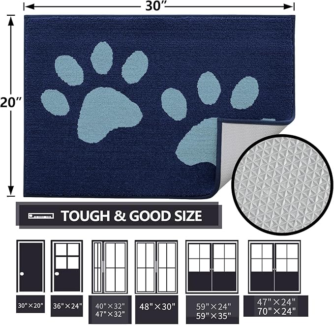Buganda Dog Door Mat for Muddy Paws, Absorbent Dirt Trapper Washable Indoor Doormats, Non Slip Low-Profile Mud Mat for Dogs, Front Entrance Doormat for Inside Floor (47x24 Inches, Dark Blue)