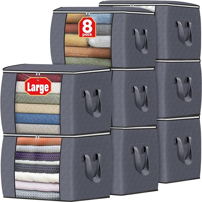 Fab totes 24 Gallons Clothes Storage, Foldable Thick Fabric Blanket Storage Bags, Containers for Organizing Bedroom, Closet, Clothing, Comforter, Organization with Handle (8 Pack,Grey)