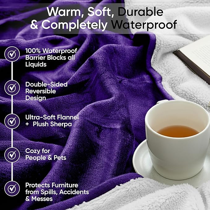Waterproof Pet Blanket, Liquid Pee Proof, Sherpa Fleece Protector – Pet Hair Resistant Water Proof Bed Cover for Dogs Couch Sofa Car Bedding Comforter (Purple, 60"x80")