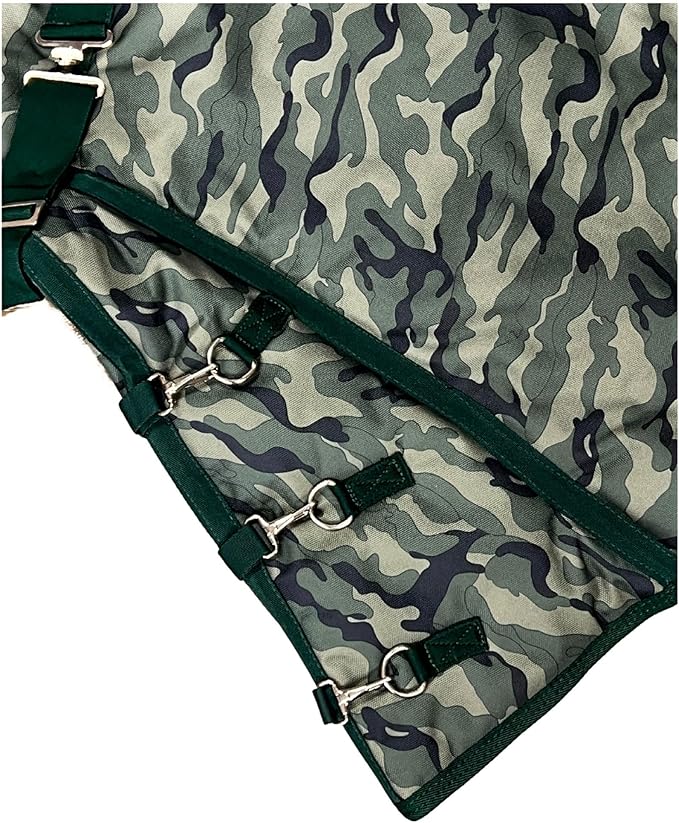 AJ Tack 1200D Waterproof Winter Horse Blanket with Hood - 400g Heavyweight Turnout with Fleece Collar, Shoulder Gussets & Tail Flap - Camouflage 82"