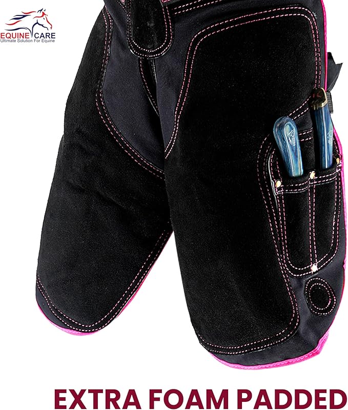 Equine Care Women’s Farrier Apron Chaps 23″ – Leather & Canvas, Adjustable 28–52″ Waist, EVA Padded Knees, Lumbar Support, 4 Knife Pockets & Nail Magnets for Hoof Trimming (Black with Pink Piping)