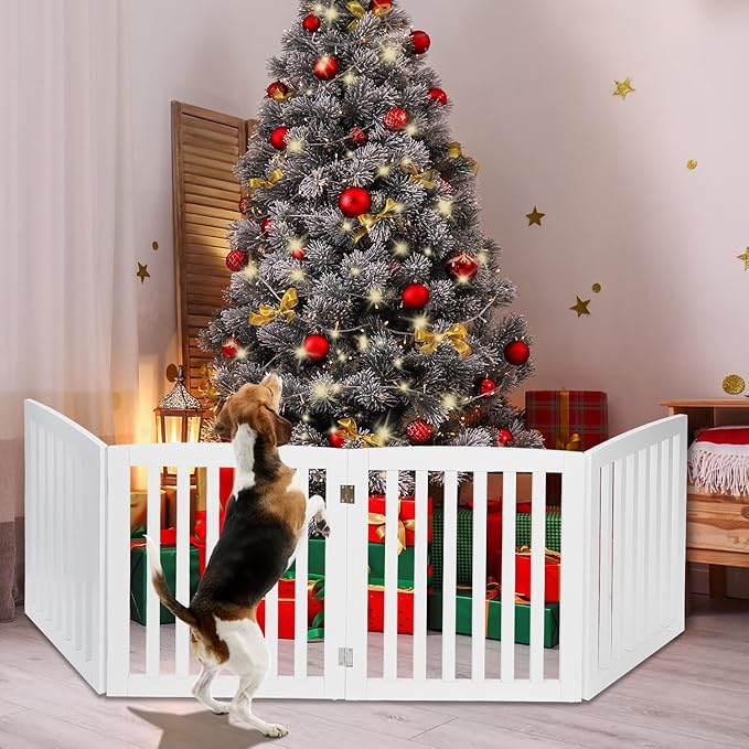 ZENY 24 Inch Pet Dog Gate, Foldable Freestanding Dog Door 4 Panel, White Wooden Z Shape Step Over Pet Fence for Entryway, Stairs, Doorway, White