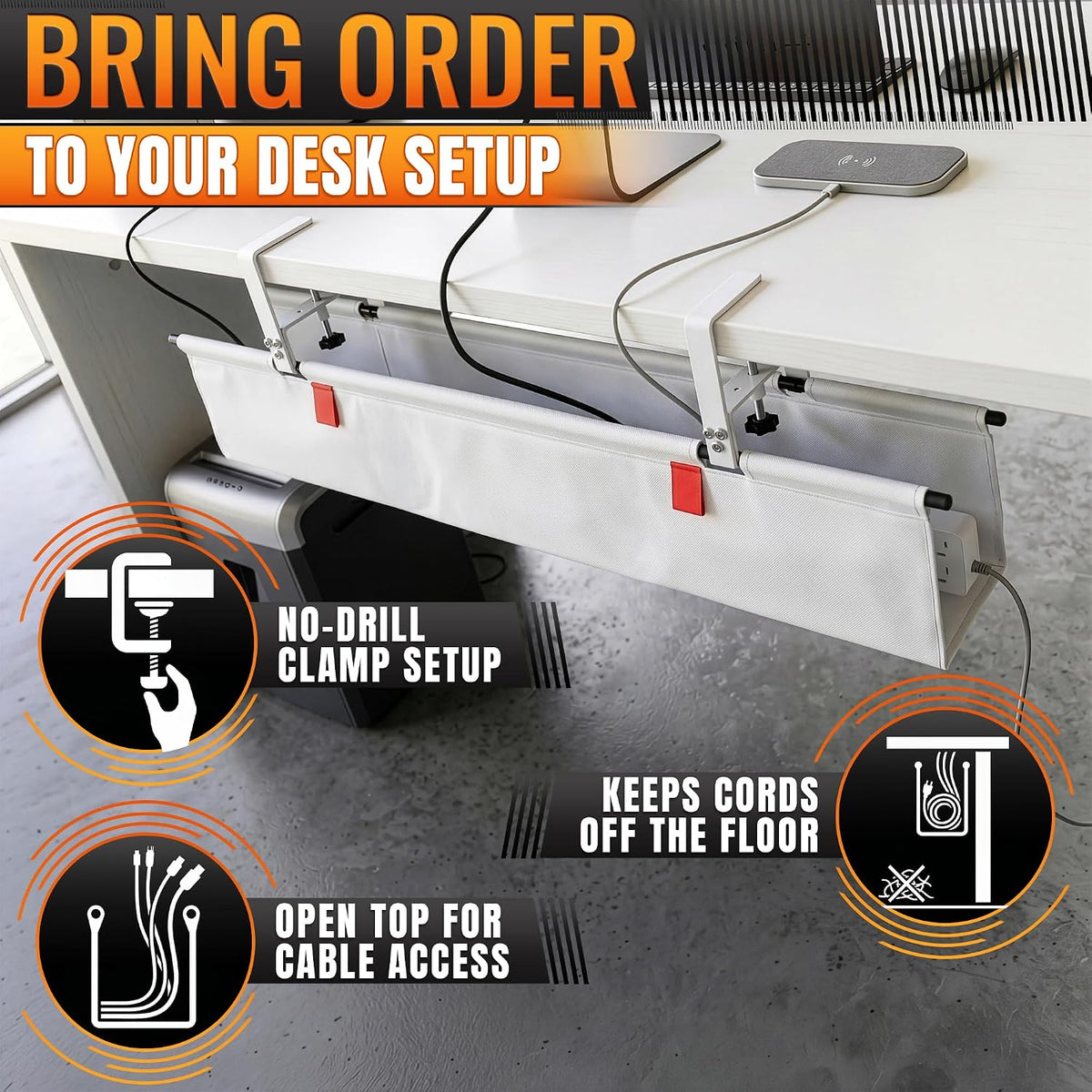 Under Desk Cable Management Tray 28" — No Drill Clamp-On Cord Organizer for Desk with Built-in Ties, Heavy Duty Metal Clamp, Foldable 600D Oxford Fabric for Home Office, WFH & Gaming PC Setup (White)