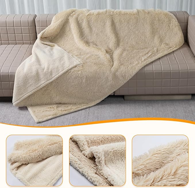 Calming Dog Blanket,Waterproof Long Faux Fur Pet Blankets for Medium Puppy Cat Reverible Sofa Couch Covers Washable Pets Ded Cover Cream S-40x28in
