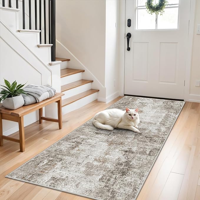 3x7 Washable Non-Slip Kitchen Runner Rug – Modern Abstract Neutral Beige & Gray