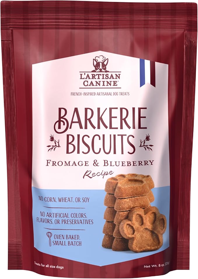 L'artisan Canine Barkerie Biscuits | Crunchy Dog Treats | French Recipes | Made in the USA | 8oz (Blueberry)