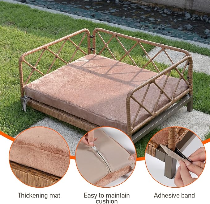 Boho Rattan Dog Bed, Pet Sofa Couch Bed with Removable Cushions - Indoor/Outdoor Durable Pet Furniture for Small/Medium Dogs (Brown)