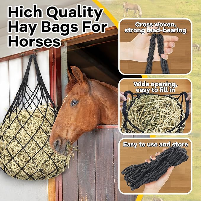 3 Pcs Hay Bags for Horses, Hay Nets for Horses Goat Sheep,Goat Hay Feeder for Slower Feeding,Strong Load-Bearing Hay Bag Hanging for Horse Stable Trailer (Black)