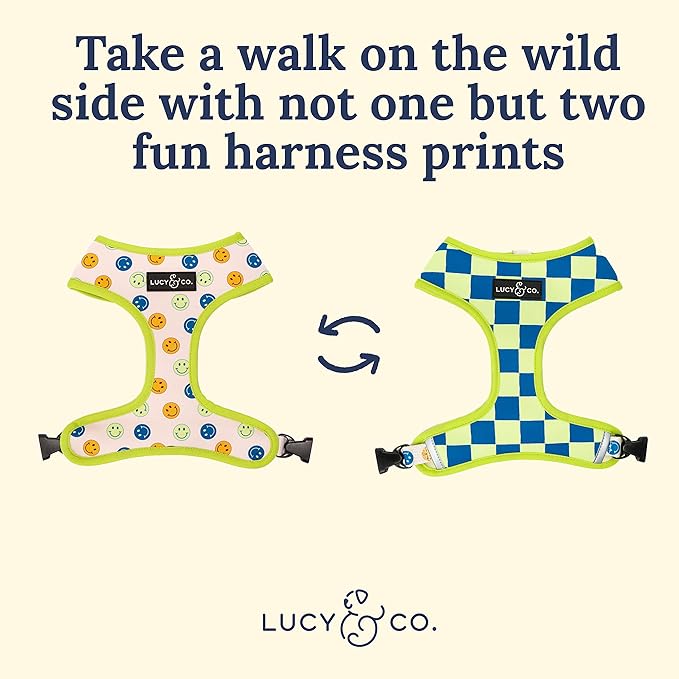 Lucy & Co. Lime Green with Blue Checker Smiley Faces, Cute Reversible Dog Harness Walking Halter - Best Designer Pet Harnesses for XS - XL Dogs - Padded Adjustable Vest for Easy Walking (Small)