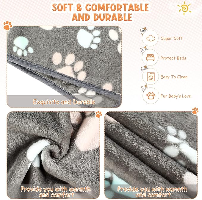 Tatuo 4 Pcs Dog Blanket for Pet Cat Blankets Indoor Puppy Teething Stuff Toys Paw Print Fleece Soft Blanket Sleep Mat for Guinea Pig Cage(Dark Gray,Medium(30 x 20.5 Inch),Square)