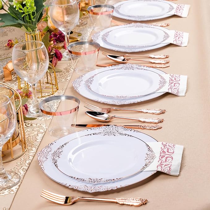 350PCS Rose Gold Plastic Plates for 50 Guests, Disposable Dinnerware Set Includes 100 Disposable Plates, 150 Rose Silverware, 50 Cups, 50 Napkins for Party, Wedding