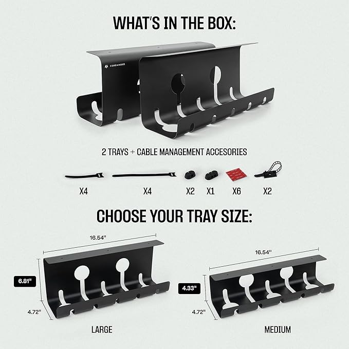 No-Drill Under Desk Cable Management Tray - 2-Pack Wire & Cord Organizer - Standing Desk Cable Management - Power Strip Holder - M