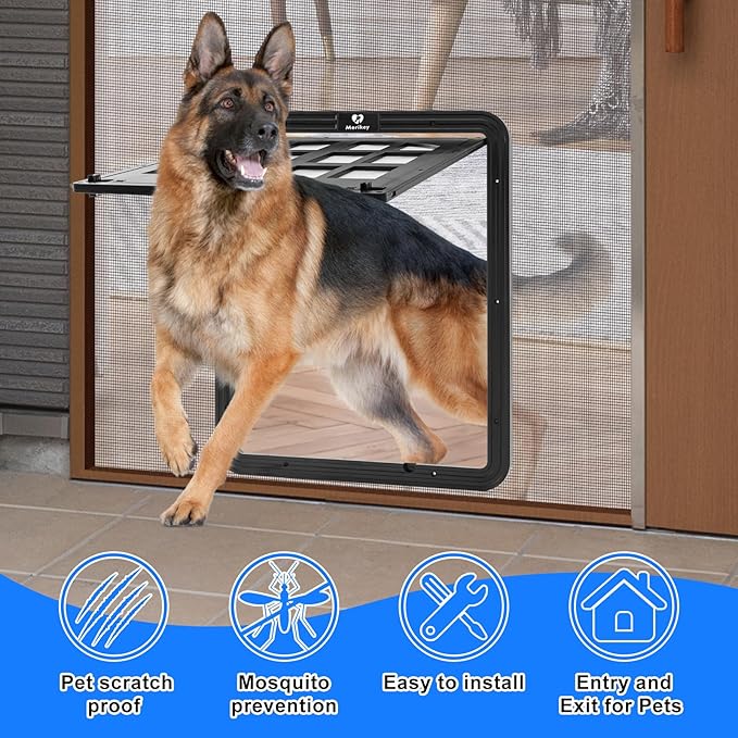Large Dog Screen Door, 13 x 17 inches Flap Opening Dog Door for Screen Door with 4 Entry Ways, Magnetic Self-Closing Pet Screen Door for Dogs Cats, Black
