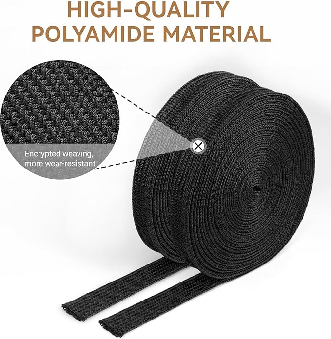 Polyamide Cable Sleeve, 10ft Flexible Expandable Braided Sleeving, Cable Management Sleeve for TV Computer Office Home Entertainment (Black, 1/2")