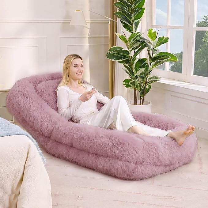 WDYLWFHWPink Foldable Human Dog Bed - 69"x35"x12" Fits You & Pets with Comfy Pillow, Washable Faux Fur, Oversized Lounger Lazy Sofa Beds with 5 Adjustable Position