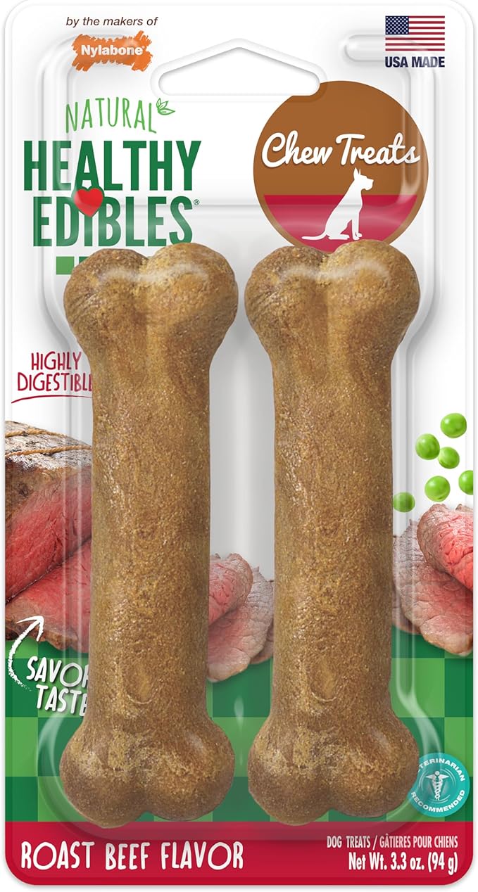Nylabone Healthy Edibles Natural Dog Chews Long Lasting Roast Beef Flavor Treats for Dogs, Small/Regular (2 Count)