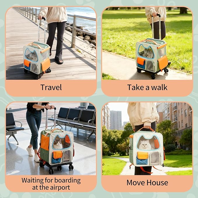 Cat Carrier with Wheels Airline Approved,Removable Pet Carrier Outdoor on Wheels Portable Cat Carrier Bag for Puppy and Kitten Travell Moving or Going Out