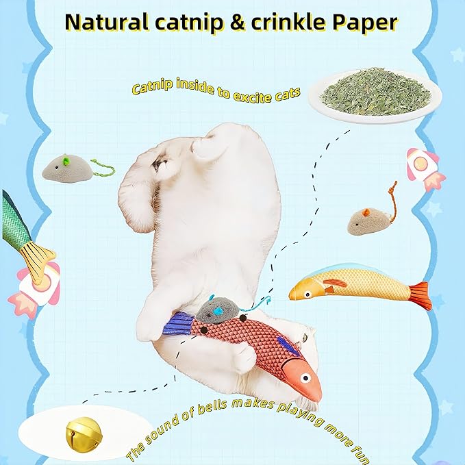 6 Pack Cat Toys, Catnip Toys with Plush Saury Fish & Mouse, Interactive Kicker Toy with Bell & Catnip for Indoor Cats, Kitten Toys for All Breeds