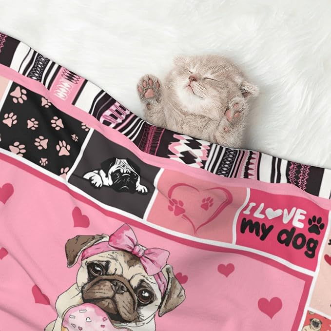 Pug Blanket for Pet - Pink Throw Blanket 40x30 Paw Print Couch Blankets for Puppy Dogs Cats