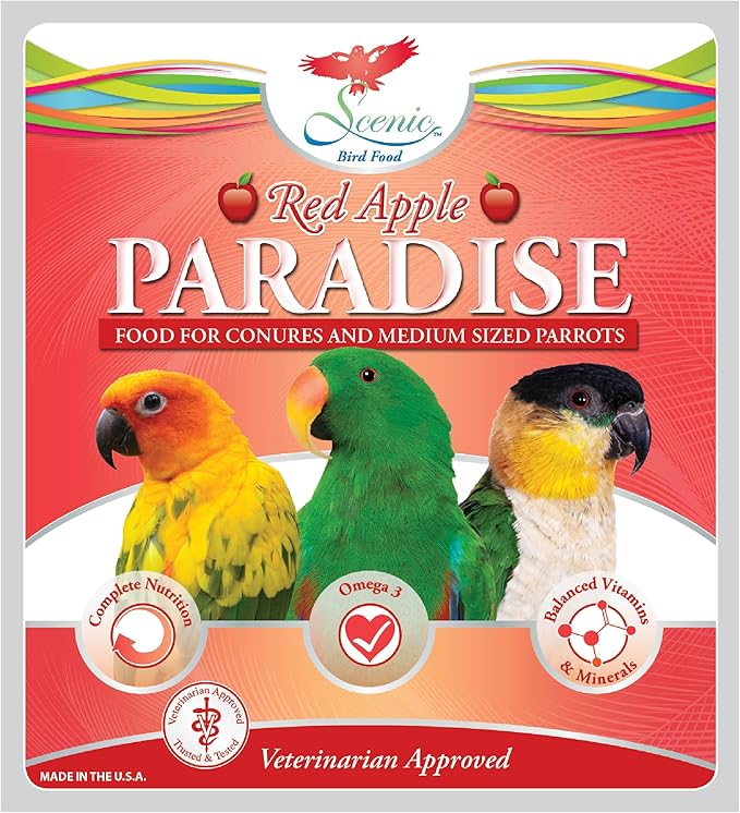 Scenic Apple Paradise Premium Parrot Food - Apple & Natural Flavors, High Protein, Low Iron Conure Bird Food, Eclectus & Other Small Pet Parrots, Omega 3, Vitamins & Minerals, 2 LB Bag