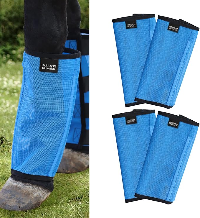 Harrison Howard Loose Fitting Fly Boots UV-Protective Extra Tough Mesh Ventilated Four Fasteners Stay-on Design Protect Horse Legs & Stomp-Reducing Set of 4 Sky Blue Mini
