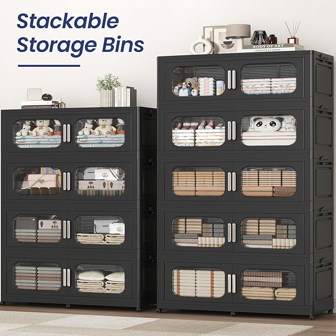 1000QT Large Stackable Storage Bins with Lid, 250Gal Plastic Collapsible Closet Organizers Drawers Box with Wheels, Folding Cabinet Containers with Doors for Home Kitchen Office, 5Pack Black
