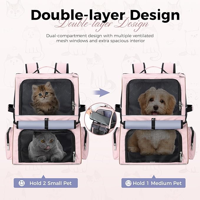 Lekebobor Double Cat Backpack Carrier for 2 Cats, Double-Compartment Pet Carrier Backpack for Two Small Cat or One Medium Cat, Cats Carrier Backpack Dog Carrier Backpack Fits Up to 24 Lbs,Pink