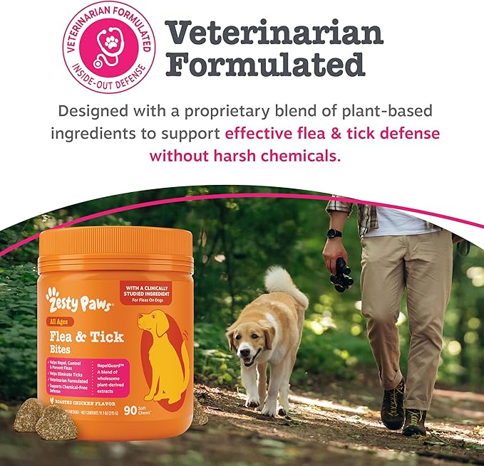 Zesty Paws Flea and Tick Prevention for Dogs Chewable - Prevention, Protection & Repellent - Dog Supplement to Kill & Control Fleas & Ticks - with Garlic, Thyme, Rosemary & Lemon Balm Extract - 90 Ct