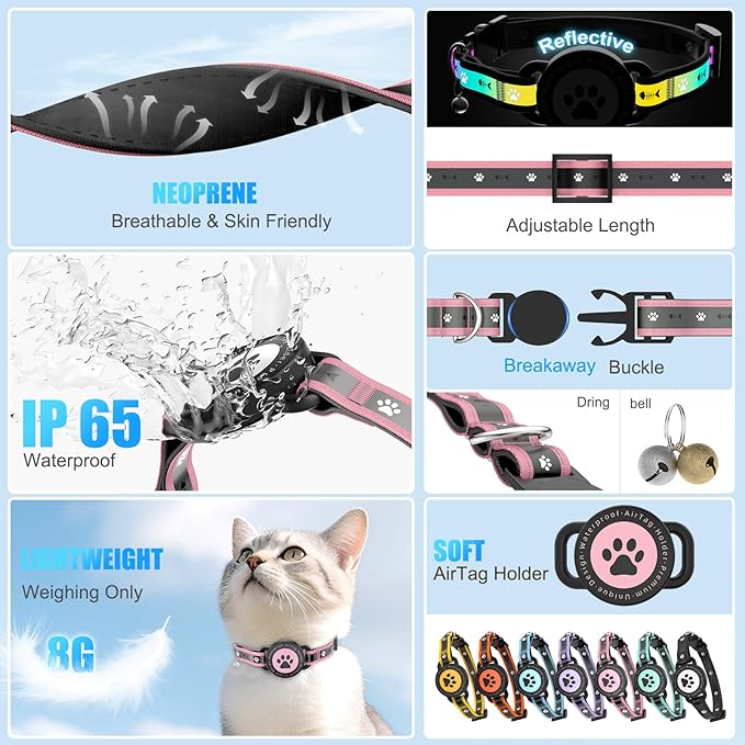 Airtag Cat Collar Breakaway, Reflective Cat Collar with AirTag Holder and Bell, Compatible with Apple Air Tag, Comfortable Padding, Adjustable, Durable (Pink, XS)