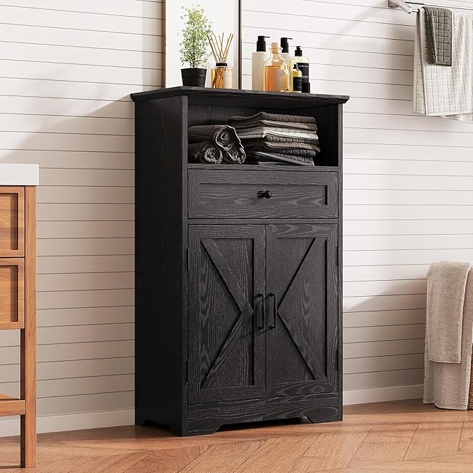 Floor Cabinet, Farmhouse Storage Cabinet with Barn Doors and Drawer, 11.81" D x 23.62" W x 39.37" H Black Freestanding Adjustable Shelf Organizer for Bathroom, Kitchen, Living Room