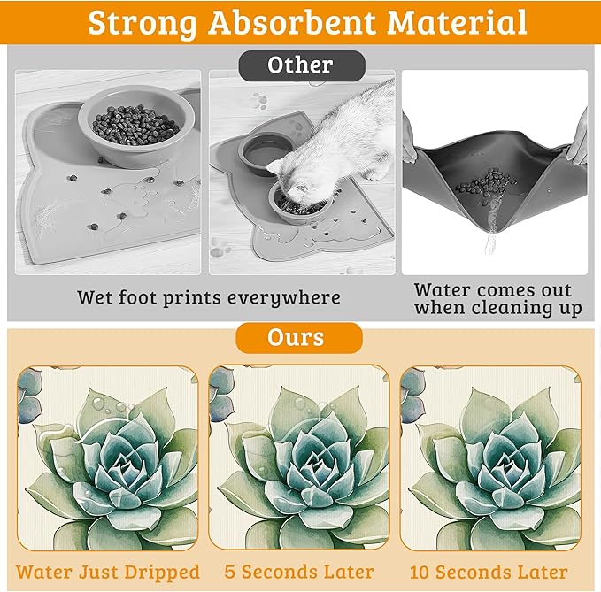 Dog Bowl Mat,Cactus Pet Feeding Mat for Floors Waterproof,Succulents Absorbent Dogs Placemat for Food and Water Quick Dry Pet Cat Feeding Mats with Non Slip Bottom 12" x 20"