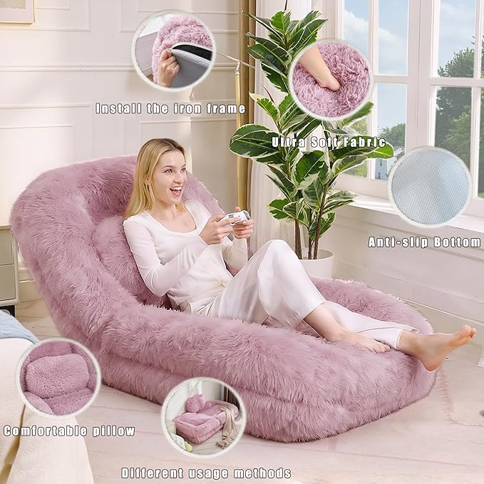 Adjustable 5-Position Human Dog Bed for People, Big Comfy Plush Floor Gaming Lazy Sofa Chair with Pillows & Back Support, Foldable Lounge Loveseat Couch for Living Room Bedroom (Pink)