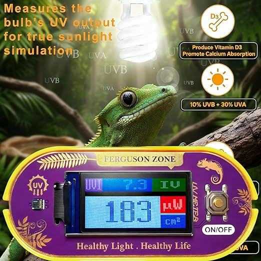 Reptile UVB UVA Light Meter for Bearded Dragon Tank Accessories, Portable Light Meter & Radiation Detector for Reptiles, Test Light and Sunlight Wavelength Meter with CR2032 Battery