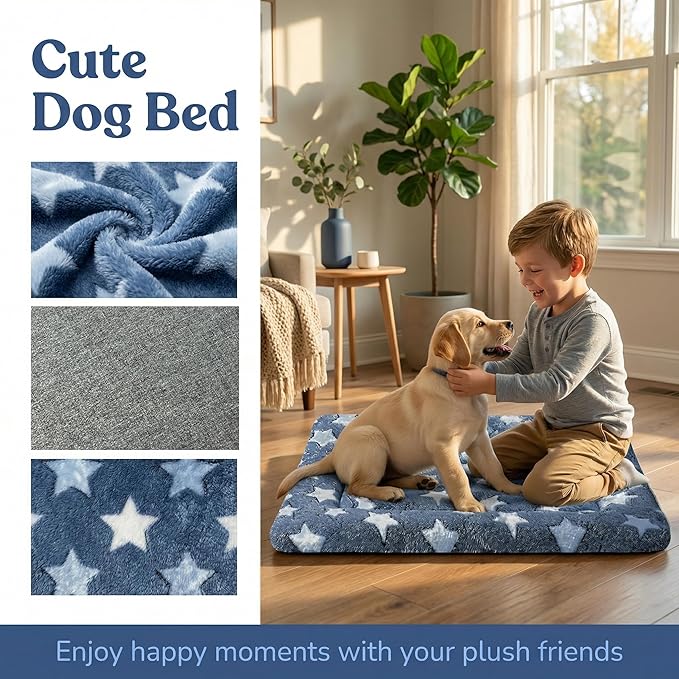 Dog Bed Mat - Reversible Dog Crate Bed Mats, Soft & Breathable Kennel Pad, Durable Crate Bed for Small Dogs & Cats (Navy&Stars, L(35"*23"*1.2"))