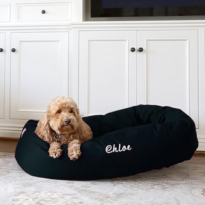 Majestic Pet Personalized 24 Inch Bagel Calming Bed - Washable Cozy Soft Round With Spine Support for Dogs to Rest Their Head - Fluffy Donut 24x19x7 (Inch) - Small - Black