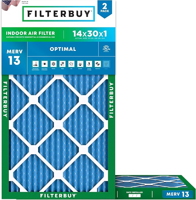 Filterbuy 14x30x1 Air Filter MERV 13 Optimal Smoke & Allergy Defense,