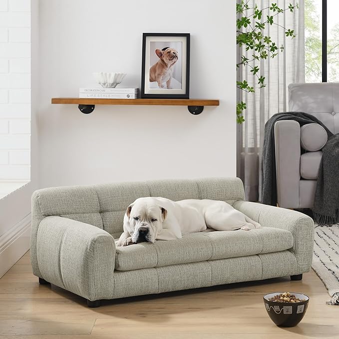 Soft and Comfortable Dog Couch Bed,Elevated Large Dog Sofa with Backrest and Armrestsmodern Rectangular pet Sofas,pet Furniture. Dry Cleanable Fabric Furniture for Medium and Large Dogs (Beige)