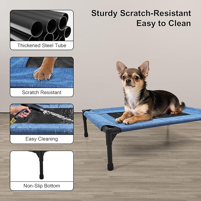 Raised Dog Bed Cooling Cot for Indoor Outdoor Use Portable Waterproof Mesh Pet Bed Washable for Large Medium Small Dogs, Blue