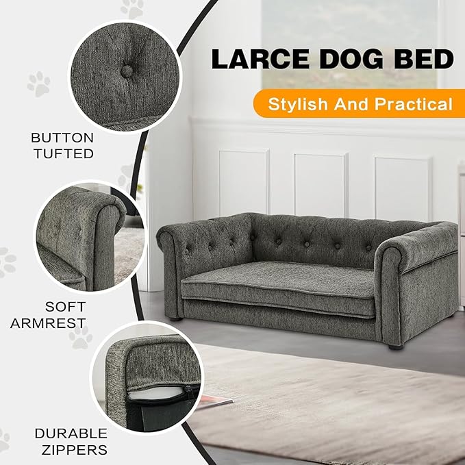 Dog Sofa Couch for Medium to Large Dogs, Memory Foam Dog Couch with Washable Fabric, Removable Cushion, Sofa Bed for Medium and Large Dogs, Dark Gray