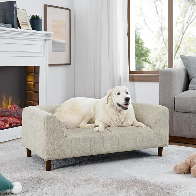 Dog Couch for Medium & Large Dogs, Modern Pet Sofa with Armrest & Backrest, Short Leg Design Linen Fabric Dog Bed Furniture, 39.5" Washable Pet Couch (Beige)