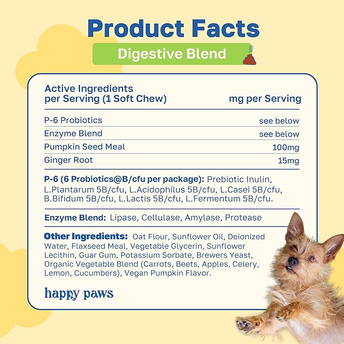 Happy Paws Digestive Supplement for Dogs, Supports Gut Health for Dogs of All Breeds & Ages, Made with Probiotics, Enzyme Blend & Ginger Root, Pumpkin Flavor, Organic, Non GMO, 100 Soft Chews