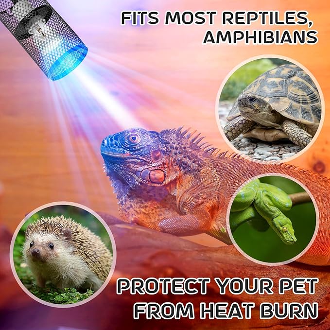 VIHOSE 6 Pcs Reptile Heat Lamp Guard with 150W Ceramic Heat Emitter Basking Anti Scald Heating Lamp Holder Mesh Cage Reptile Protection Lampshades for Lizard Snake Chick, Bulb Not Included