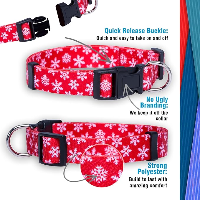 Native Pup Christmas Dog Collar- Winter Holiday Collars for Pets- Xmas Gift for Puppy- Santa, Reindeer, Snowman, Candy Cane, Red Green- Girl Boy- Small, Medium, Large Breeds (Red Snowflake, Medium)