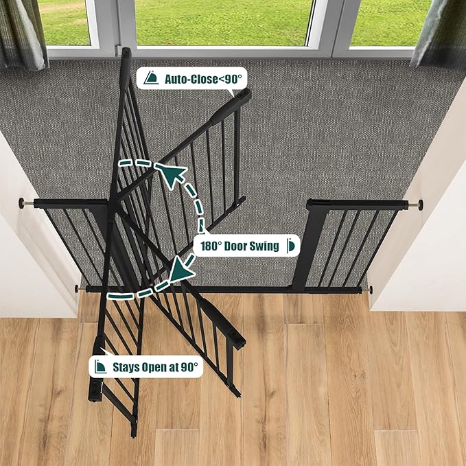 keny 29.7"-51.5" Extra Wide Baby Gate for Stairs, Easy Walk Thru Dog Gate with 21.1" Large Opening Door, Pressured Mounted No Drilling Pet Gate, 30" Tall, Black