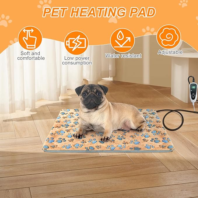 Dog Heating Pad，47×30 in Waterproof PVC Large Heating Pad for Dogs，Smart Thermostat Heated Dog House，Reinforced Interface + Wire Rope Whelping Box for Dogs,Plush Fabric Cover-Apricot