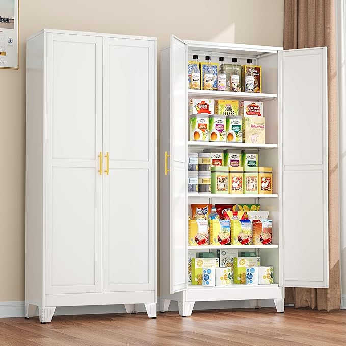 Metal Pantry Cabinet with 2 Doors and Adjustable Shelves - 71" Kitchen Storage Cabinet with Gold Handles - Versatile Storage for Kitchen, Bathroom, Dining Room, Utility Room - White