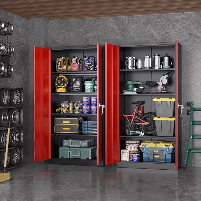 Greenvelly Metal Cabinet with 2 Doors and Adjustable Shelves, 72”H Steel Storage Cabinet, Locking Tall Metal Storage for Office, Home, Garage, School