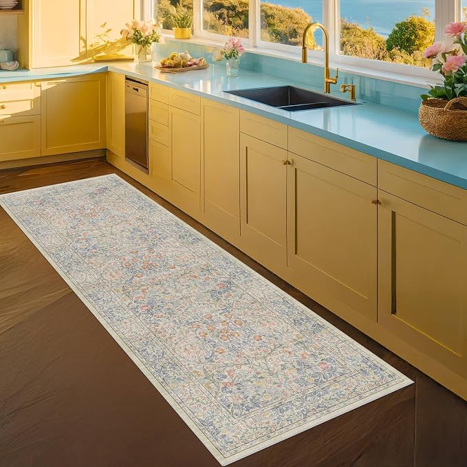 Hazo Haus Non Slip Beige Blue Hallway Runner Rug