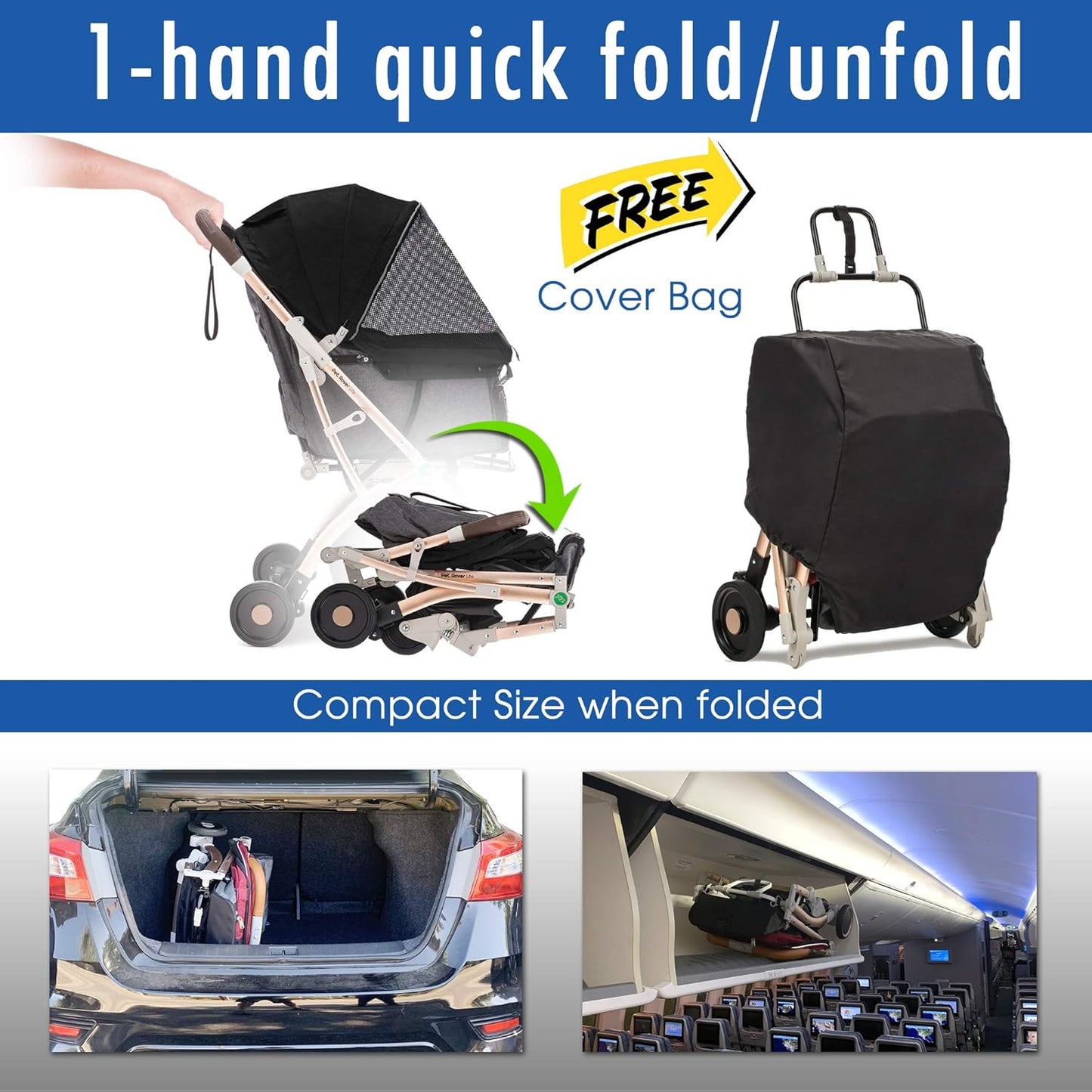 Lite Premium Light-Weight Dog/Cat/Pet Stroller Travel Carriage with Convertible Compartment/Zipper-Less Entry/1-Hand Quick Fold/Aluminum Frame for Small & Medium Pets (Black 2nd-Gen.)