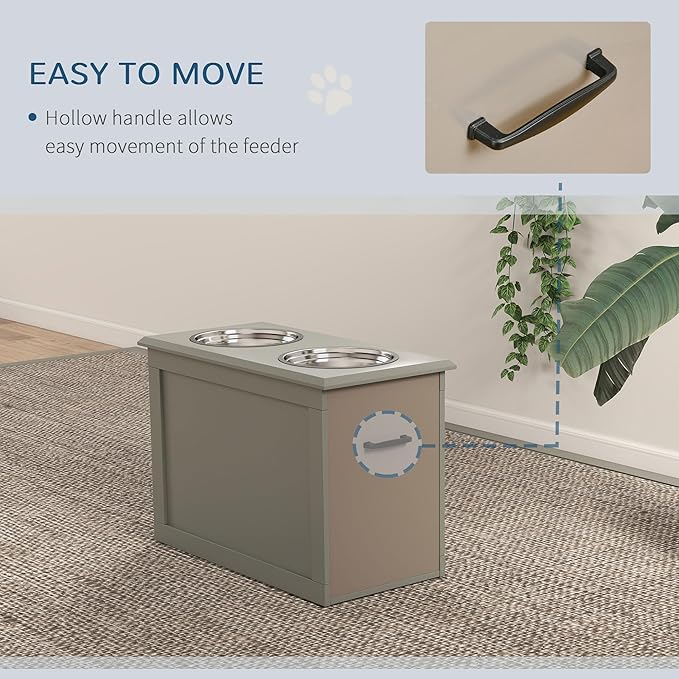 PawHut Raised Pet Feeding Storage Station with 2 Stainless Steel Bowls Base for Large Dogs and Other Large Pets, Gray